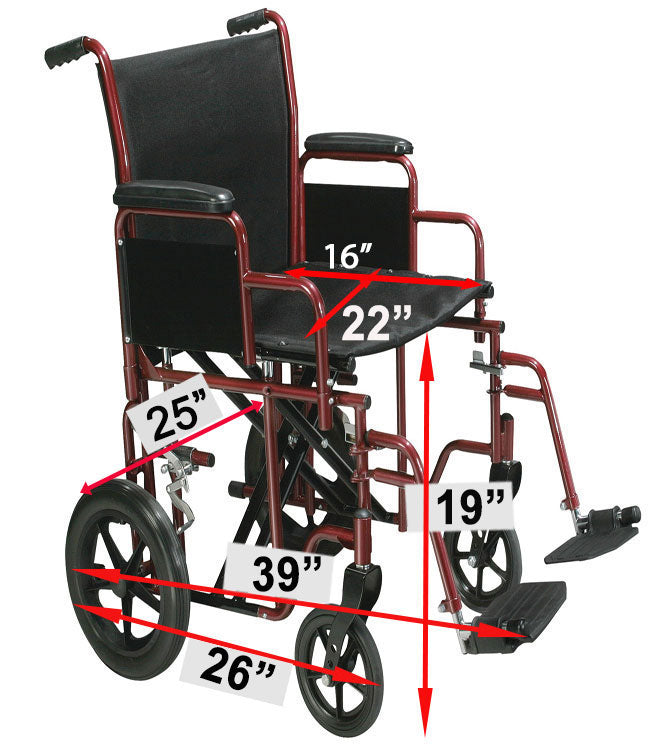 Measurement diagram for the MOBB 22 inch Heavy Duty Transport Chair: 25 inch outside width across the rear wheels, 22 inch seat width, 16 inch seat depth, 19 inch seat to floor height and 39 inch overall length | Care Made Canada